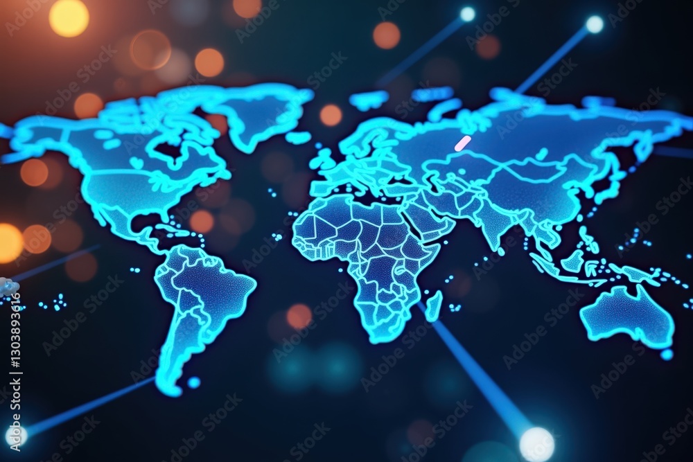 Aufkleber a vibrant digital world map with illuminated connections between continents, showcasing global inter