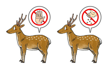 鹿を触るな禁止マーク　鹿に餌やり禁止マーク　