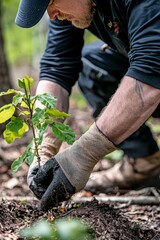 A tree care expert installing a protective wrap around a young sapling. They carefully secure it to prevent damage from animals. 