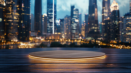 Obraz premium modern display platform with city skyline backdrop at night