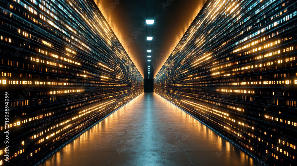 Poster futuristic corridor with glowing lights and data streams creates mesmerizing atmosphere