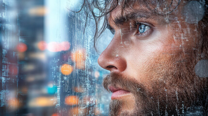 Futuristic portrait of man with digital elements and city lights