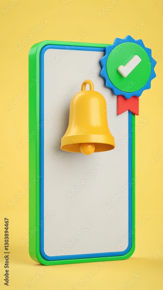 Poster vibrant notification bell with checkmark on colorful background for alert concepts
