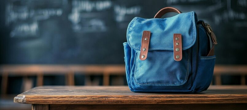 Blue Backpack on Wooden Desk Back to School Concept, Canvas Texture, Close-up Composition Backpack, Education