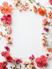 Floral Frame Border Composition White Paper, Pink and Coral Flowers, Flatlay, Spring, Floral Design Floral Frame, Flatlay