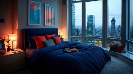 Fototapeta premium Luxurious City View Bedroom Nighttime Minimalist Design