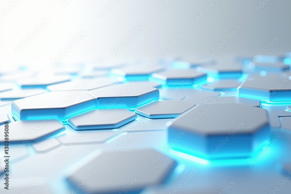 Poster futuristic close-up of glowing hexagonal tiles on a digital surface in a soft blue light, perfect fo