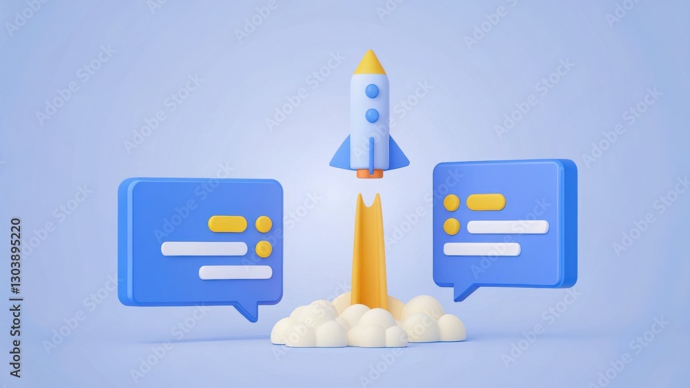 Poster rocket launching with speech bubbles representing communication and innovation concepts
