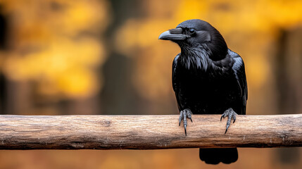 lone raven perched on branch, its gaze deep with mystery and intensity