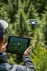A tree expert using a drone to survey a large forested area. The tablet screen shows a birdâ€™s-eye view of the trees below. 