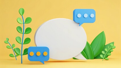 Colorful Speech Bubbles and Greenery on Yellow Background for Communication Themes