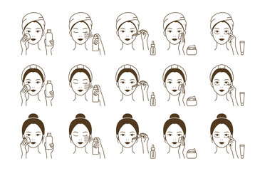 Cosmetic skin care routine_woman(girl) applying a toner, mist spray, ampoule, lotion, eye cream