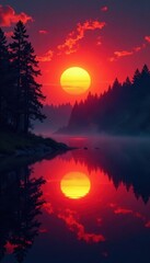 Fototapeta premium Crimson sunset fire, forest mirrored in still lake , eventide, green, twilight