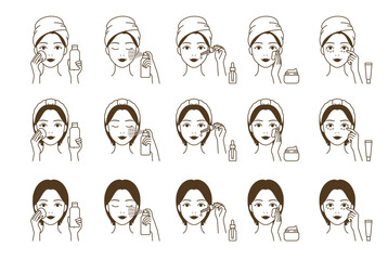 Cosmetic skin care routine_woman(girl) applying a toner, mist spray, ampoule, lotion, eye cream