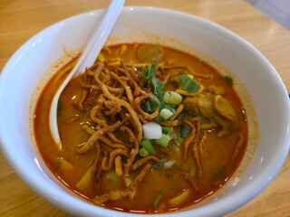 Khao Soi Noodle Soup in a White Bowl