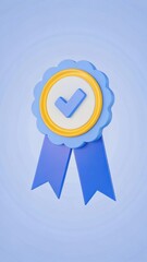 Vibrant 3D Award Ribbon with Checkmark on Soft Blue Background for Achievement Recognition