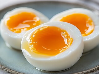 半熟卵のとろりとした黄身が美しいクローズアップ | Close-Up of Soft-Boiled Eggs with Runny Yolks