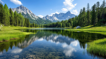 Fototapeta premium serene landscape featuring tranquil lake surrounded by lush greenery and mountains
