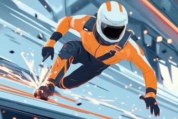An animated figure is running fast with sparks in the distance