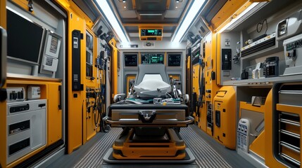 A photorealistic interior view of an ambulance focusing on advanced medical equipment