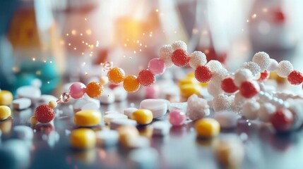 A realistic image of insulin molecules interacting with sugar molecules under a microscope