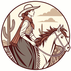 Retro Vintage Western Cowgirl Bohemian, Boho Chic Women Horse Illustration, Cowboy Bronco Rodeo