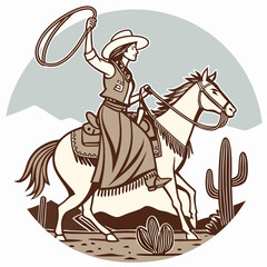 Retro Vintage Western Cowgirl Bohemian, Boho Chic Women Horse Illustration, Cowboy Bronco Rodeo