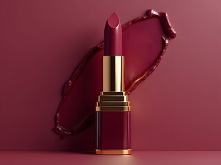 Close-up of beautiful wine red lipstick with gold accents and wine red lipstick swatch on wine red background. Cosmetics, beauty and makeup concept