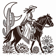 Retro Vintage Western Cowgirl Bohemian, Boho Chic Women Horse Illustration, Cowboy Bronco Rodeo