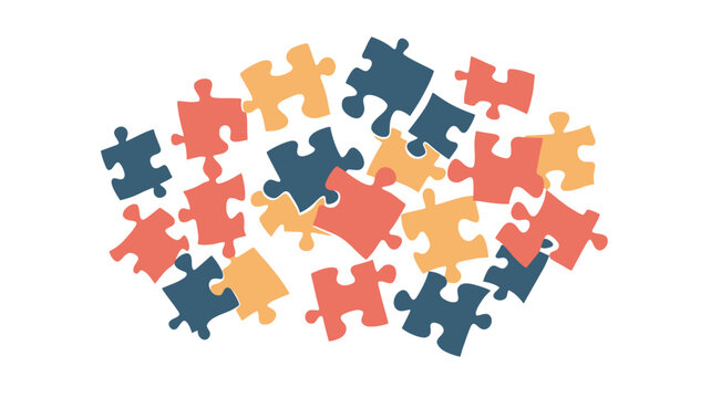 The image shows a collection of scattered jigsaw puzzle pieces in shades of orange, yellow, and dark blue against a white background. The pieces are irregularly distributed, with no