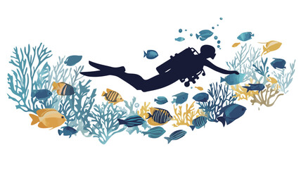 A vector illustration depicting a stylized silhouette of a scuba diver swimming amidst a vibrant coral reef. The diver is centrally positioned, facing right, with a scuba tank visible.