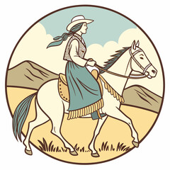 Retro Vintage Western Cowgirl Bohemian, Boho Chic Women Horse Illustration, Cowboy Bronco Rodeo
