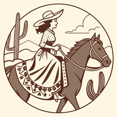 Retro Vintage Western Cowgirl Bohemian, Boho Chic Women Horse Illustration, Cowboy Bronco Rodeo