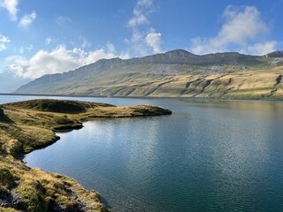 The alpine lake Tannensee or Tannen Lake in the Uri Alps mountain massif, Kerns - Canton of Obwalden, Switzerland (Kanton Obwald, Schweiz)