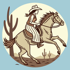 Retro Vintage Western Cowgirl Bohemian, Boho Chic Women Horse Illustration, Cowboy Bronco Rodeo