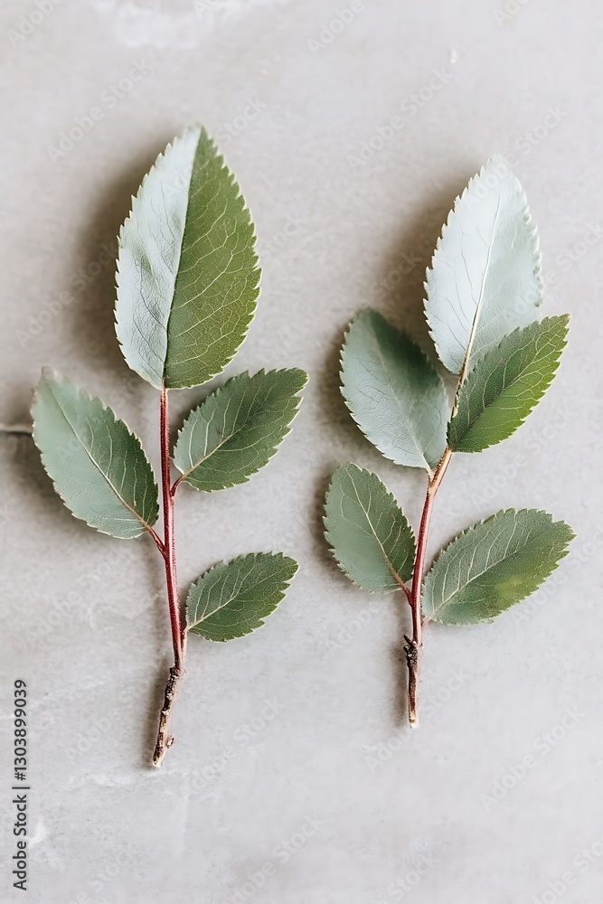 Poster elegant display of two sprigs with unique split-toned foliage on concrete