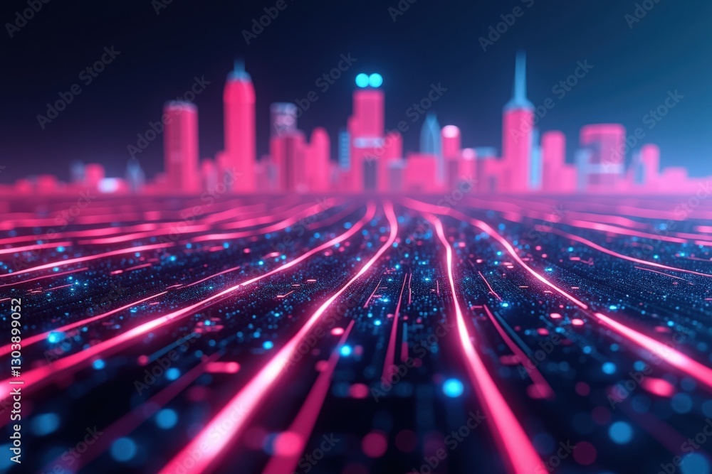 Poster futuristic cityscape in neon colors with glowing lines and digital grid patterns - a glimpse into an