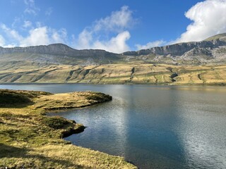 The alpine lake Tannensee or Tannen Lake in the Uri Alps mountain massif, Kerns - Canton of Obwalden, Switzerland (Kanton Obwald, Schweiz)