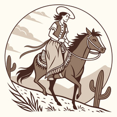 Retro Vintage Western Cowgirl Bohemian, Boho Chic Women Horse Illustration, Cowboy Bronco Rodeo