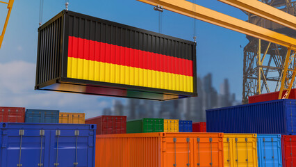 3D rendering of a shipping container with the German flag suspended from a crane in a port dock.