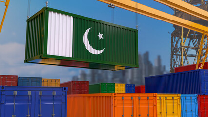 3D rendering of a shipping container with the Pakistani flag suspended from a crane in a port dock.