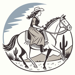 Retro Vintage Western Cowgirl Bohemian, Boho Chic Women Horse Illustration, Cowboy Bronco Rodeo