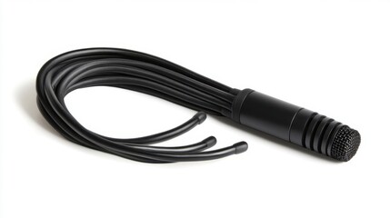 A black professional microphone with many connected flexible cables is visible