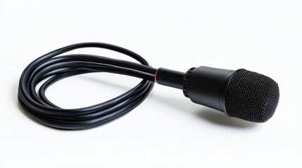 A black microphone with coiled cable lies on a white surface