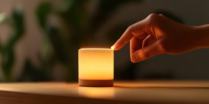 Sustainable mindful living and peace concept. A hand gently touches a glowing lamp on a wooden surface, creating a warm ambiance.