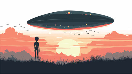A digital illustration depicting a minimalist landscape at sunset.  The scene features a large, dark, oval-shaped UFO hovering in the sky above a small, slender alien figure standing in a