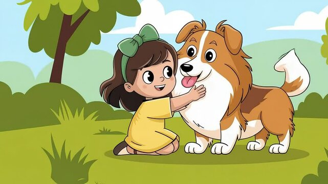 Animated girl hugging a happy corgi dog in a green park, sunny and cheerful cartoon style scene