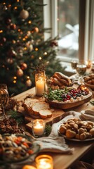 Naklejka premium Rustic Thanksgiving setup with warm lighting, cozy blankets, and holiday-themed dishes