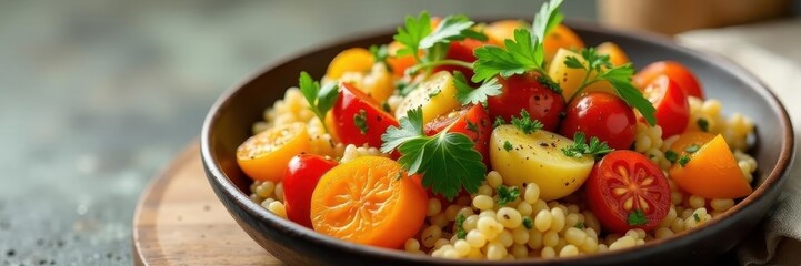 Colorful medley of roasted vegetables and brown rice, Scandinavian design aesthetic, plate, autumn, bowl