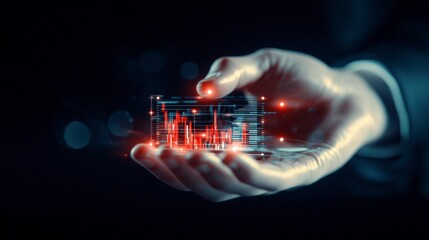 Fototapeta premium Futuristic Hand Holding Holographic Data Interface with Graphs and Charts